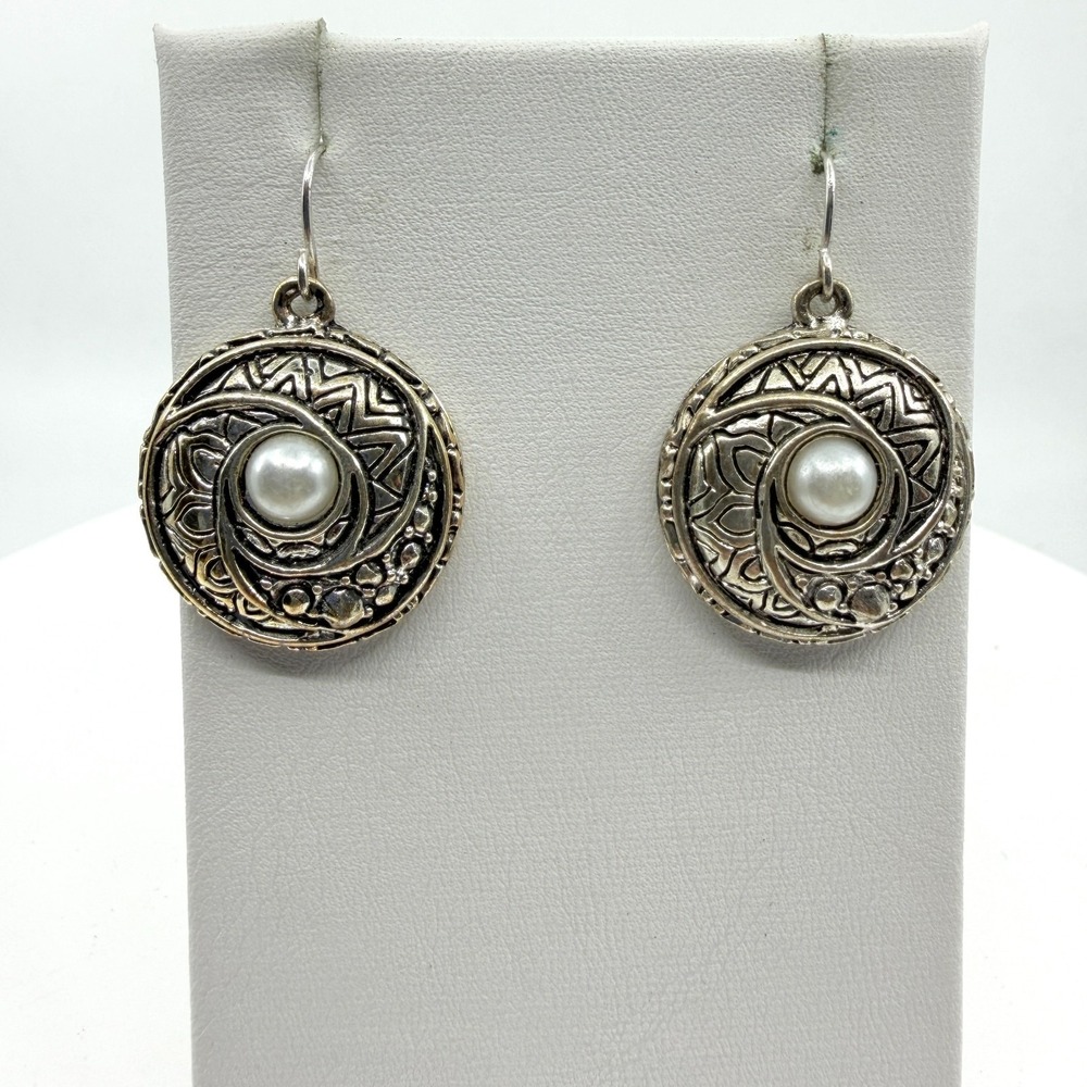 Silver Tone Textured Round Drop Earrings with Faux Pearl - Boho Jewelry